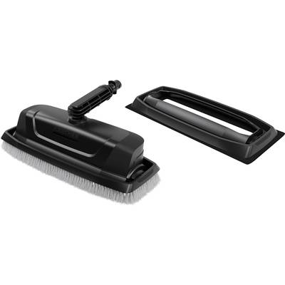 Dvě černé ruční kartáče s úchyty, jeden s štětinami a jeden bez. Jsou ergonomicky navrženy pro snadné čištění.