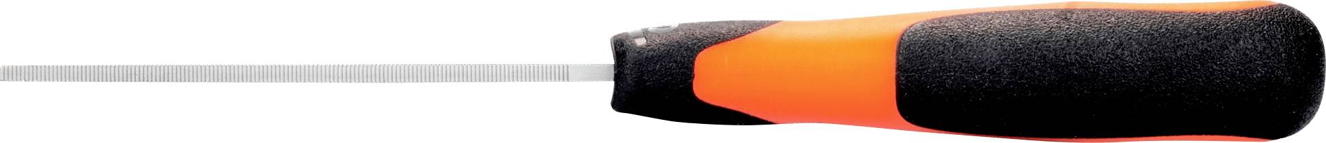 Šroubovák s ergonomickou rukojetí v černé a oranžové barvě a dlouhým, úzkým dříkem, pohled z boku.