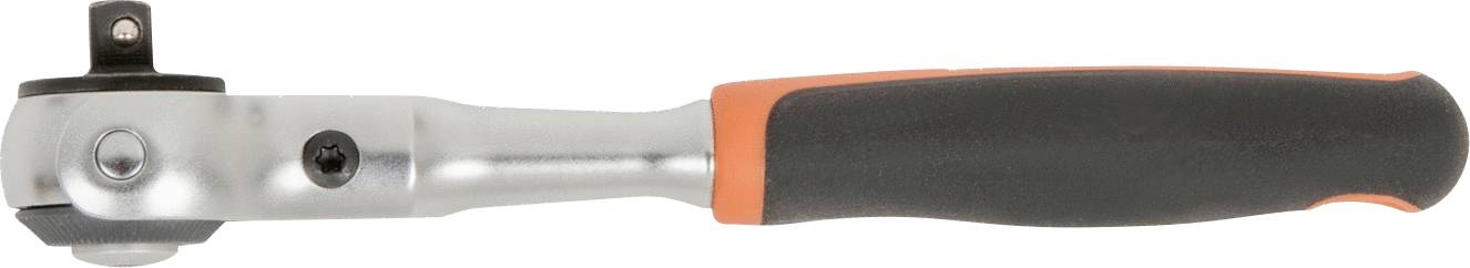 Ráčna s ergonomickou rukojetí v černé a oranžové barvě, vhodná pro mechanické práce.