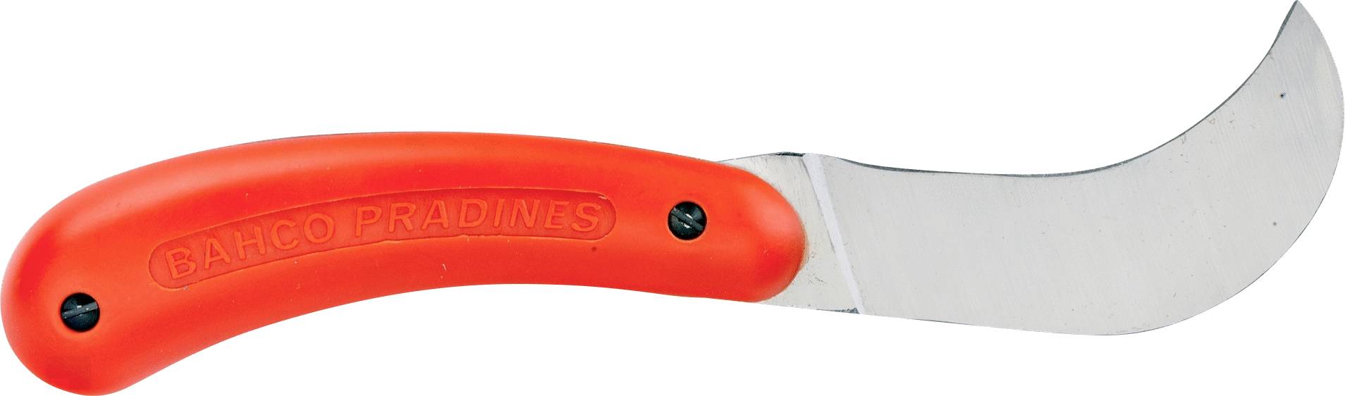 Červený ruční srp s ohnutou kovovou čepelí, primárně určený pro zahradní nebo řezací práce.