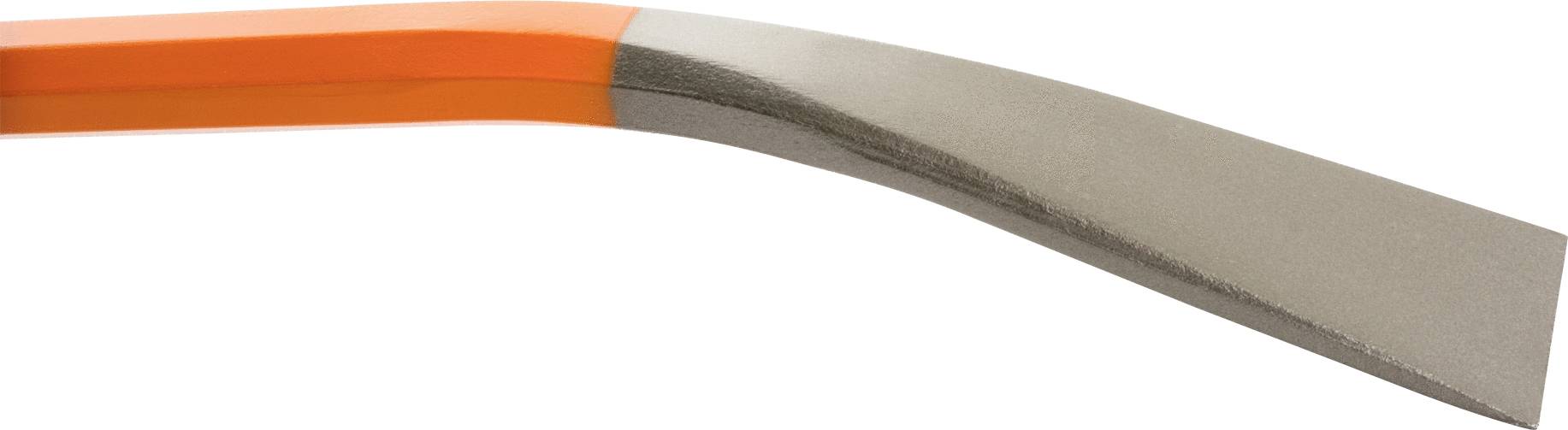 Kovový škrabák s oranžovou rukojetí a zahnutou šedou čepelí, používaný k odstraňování materiálu z povrchů.
