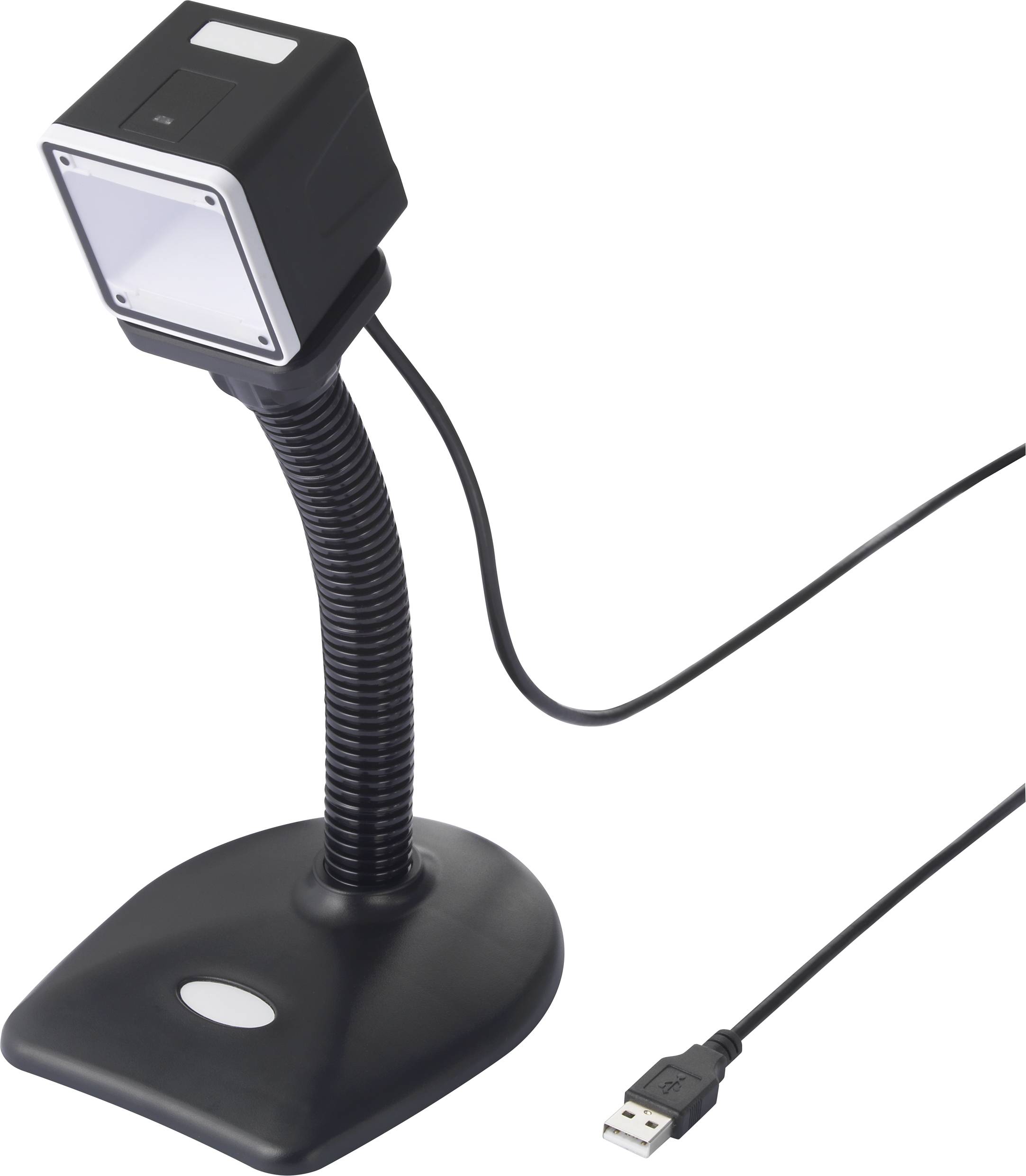 Černý USB čtečka čárových kódů s flexibilním krkem a stojanem, ideální pro skenování produktů u pokladny nebo ve skladu.
