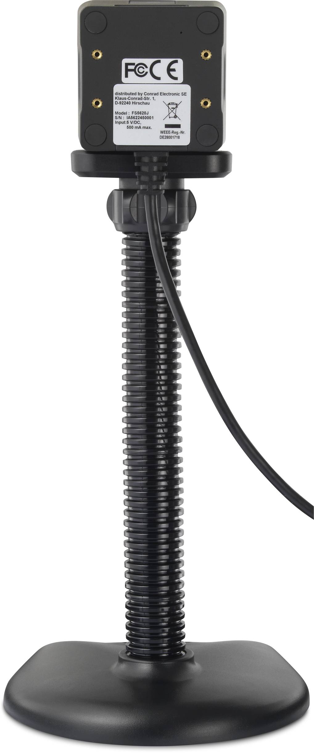 Kamera na nastavitelném stojanu s černým tělem a kabelem. Na zadní straně viditelný certifikační štítek FCC.