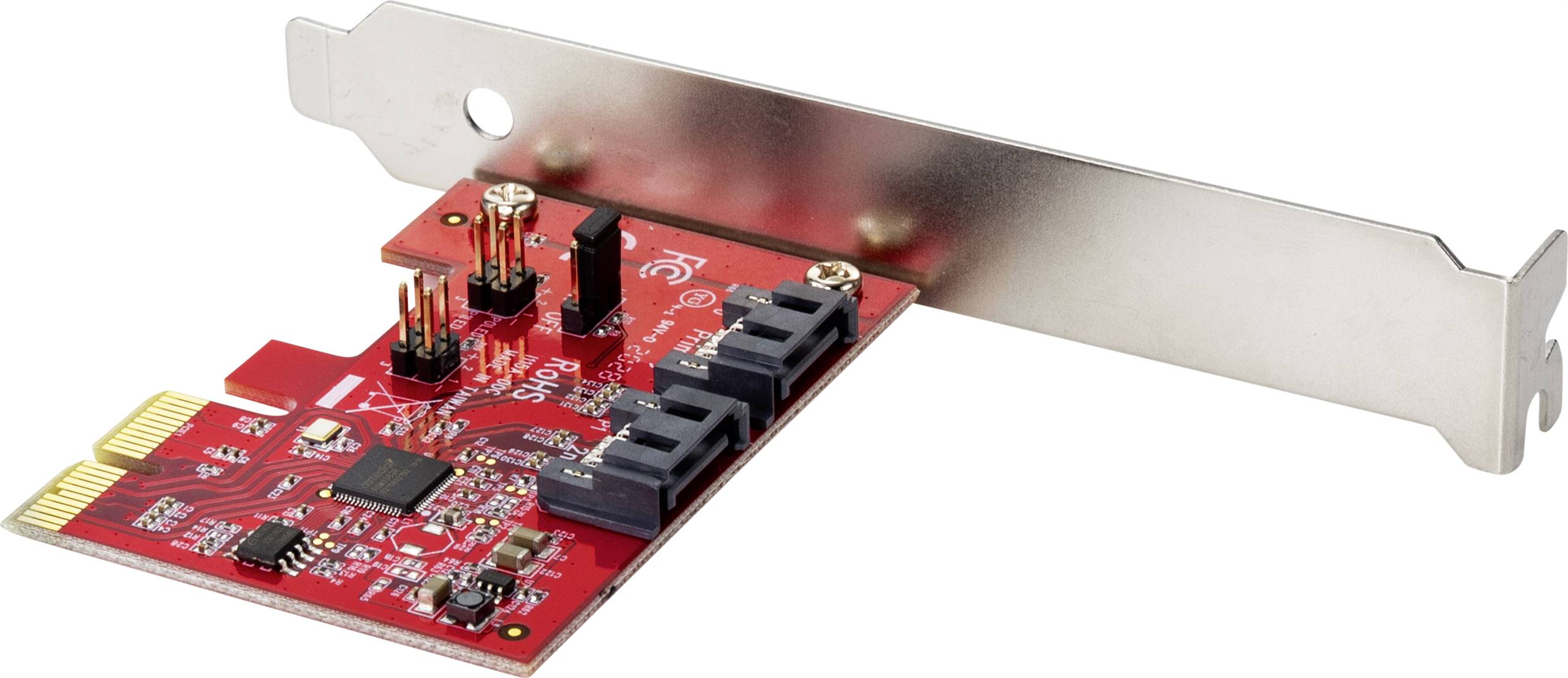 Červená PCIe adaptérová karta se dvěma SATA porty a několika elektronickými komponenty na kovovém rámu. Vhodná pro rozšíření počítače.