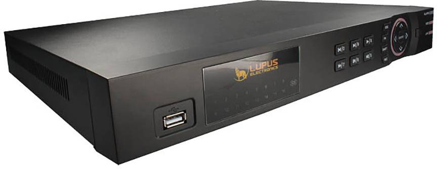 Černý videorekordér s displejem a klávesnicí. USB port vlevo. Značkový název 'Lupus' na přední straně.