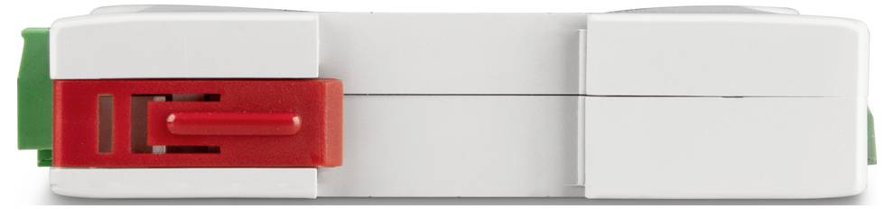 Bílý, obdélníkový adaptér s červeným posuvným ovladačem na jedné straně. Hrany jsou hladké, s zeleným prvkem na zadní straně.