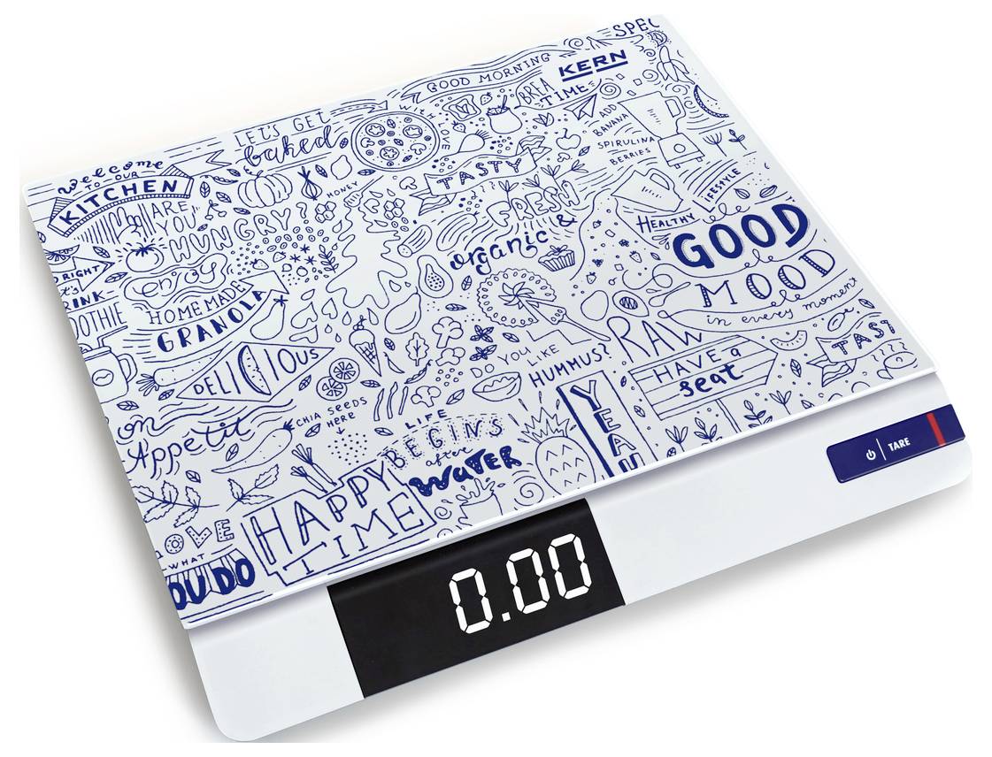Digitální kuchyňská váha s modro-bílým designem a ručně kreslenými nápisy a symboly. Na displeji zobrazuje 0,00.