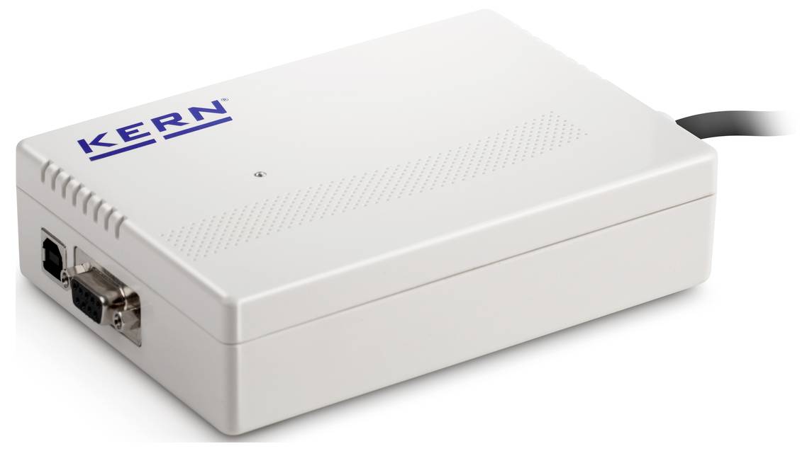 Bílé elektronické zařízení s kabelovým připojením, s nápisem 'KERN', pravděpodobně technický nebo vědecký přístroj.