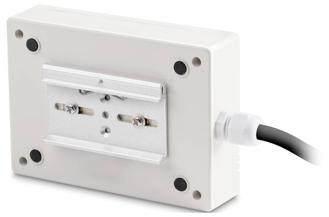Bílý nástěnný držák se šroubovacími otvory, kabelový vstup vlevo, vhodný pro elektronická zařízení nebo monitory.