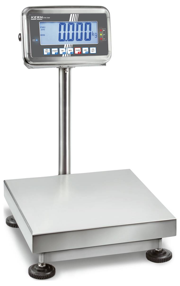 Digitální váha s displejem zobrazujícím '0,000 kg'. Stojí na kovovém stojanu s nastavitelnými nohami. Ideální pro přesné vážení.