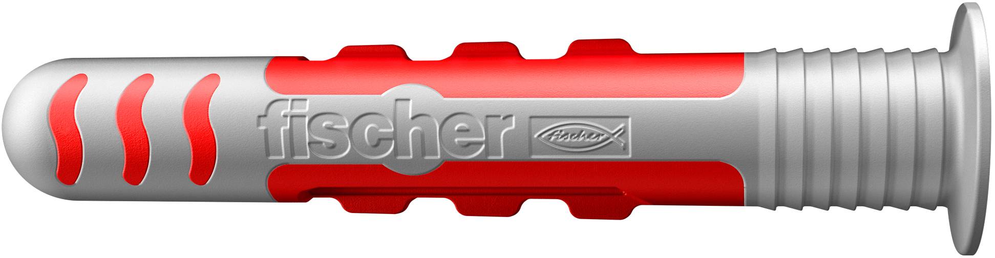 Šedý a červený plastový hmoždinka od fischer, určená k ukotvení do stěn. Žebrovaný design pro lepší uchycení.