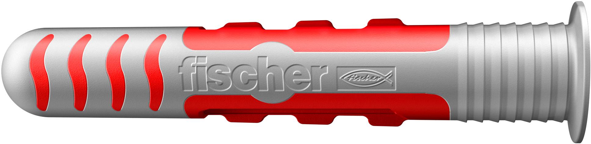 Šedý a červený hmoždinky Fischer s nápisem 'fischer' a logem, určený pro upevňování do zdí.