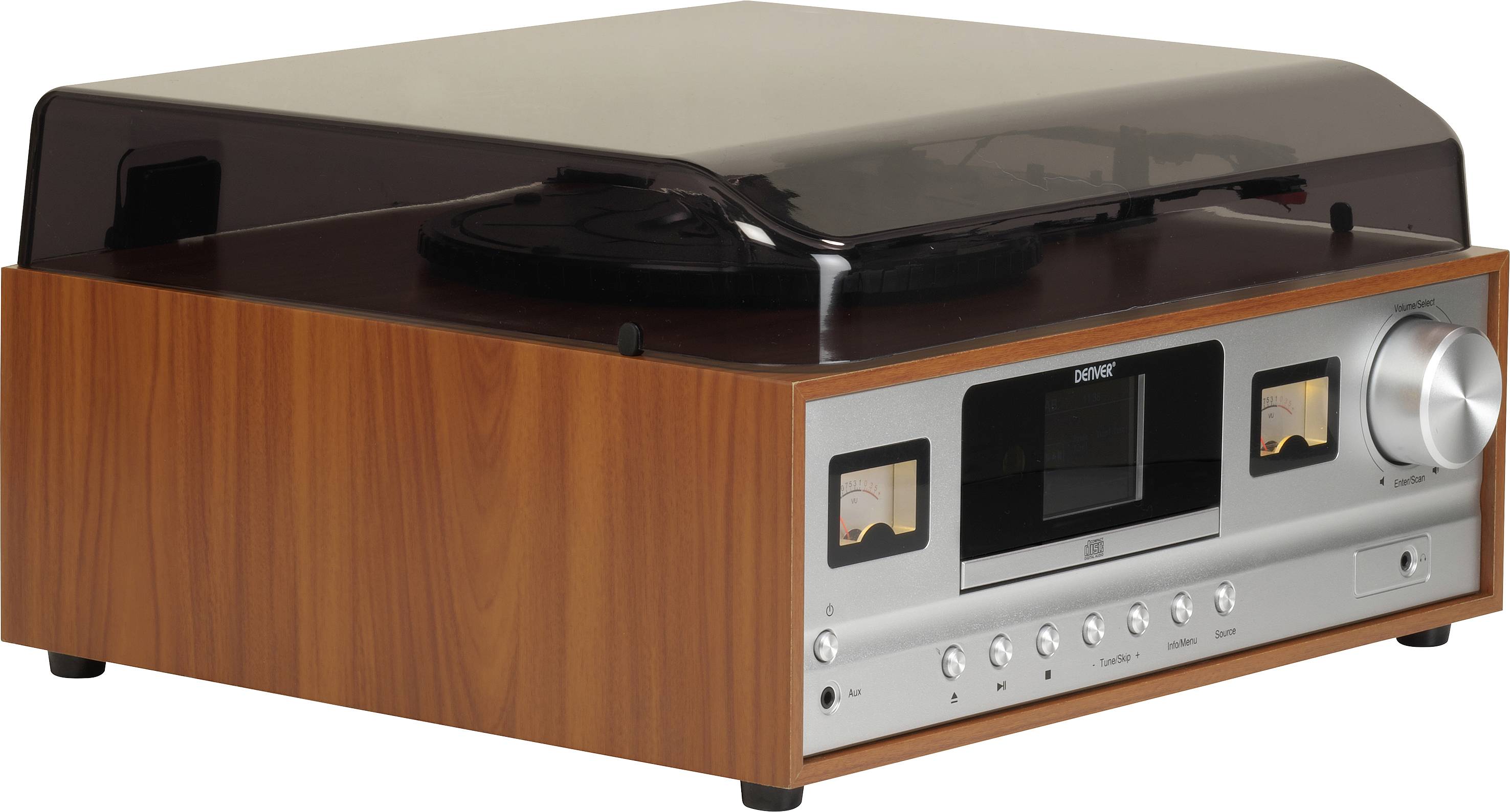 Gramofon ve dřevěném designu s výklopným víkem. Vpředu se nacházejí otočné ovladače a displej. Design připomíná retro styl.