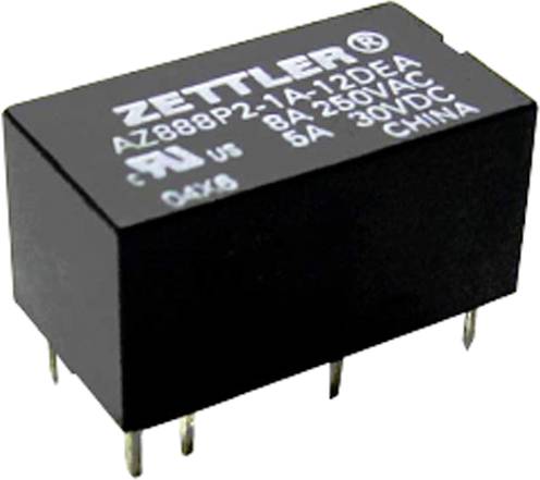 Černé elektrické relé typu Zettler AZ888P2-1A-12DEA, 8A 250VAC, 5A 30VDC, vyrobené v Číně, s několika kovovými svorkami.