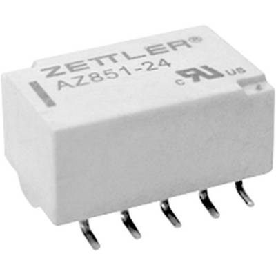 Bílé relé s nápisem 'Zettler AZ851-24', viditelných pět připojovacích nožek, identifikuje elektrotechnické komponenty.