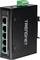 Černý ethernetový switch značky TRENDnet se šesti síťovými porty a zeleným připojovacím modulem nahoře. Model: TI-PG62B.