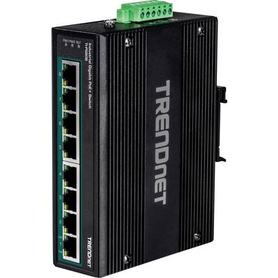 Síťový switch s osmi ethernetovými porty a zelenou připojovací lištou nahoře, s nápisem značky 'TRENDnet' vytištěným na boku.