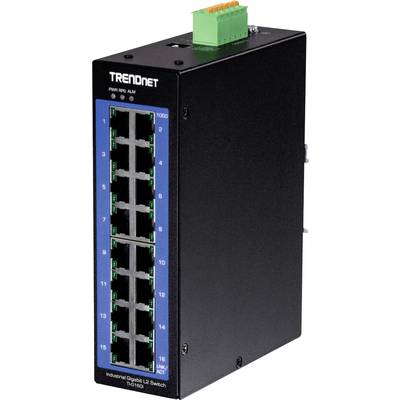 Průmyslový gigabitový L2 switch TRENDnet s 16 ethernetovými porty, vhodný pro montáž v datovém centru pro síťová připojení.