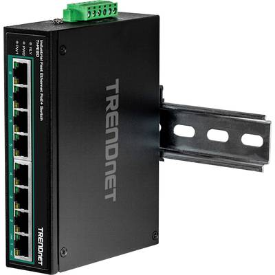 Průmyslový ethernetový PoE switch od společnosti TRENDnet s několika porty a montážní konzolí, vhodný pro síťová připojení.