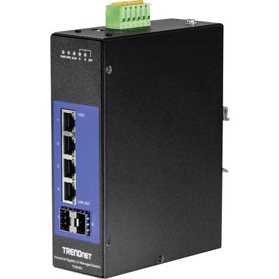 Černý průmyslový gigabitový L2 spravovaný switch se dvěma optickými a čtyřmi ethernetovými porty. Model: TRENDnet TI-G642i.