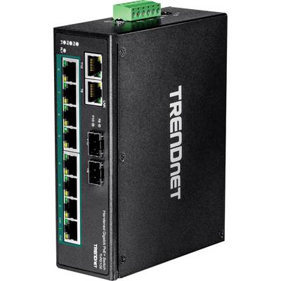 Černý síťový switch společnosti TRENDnet s osmi ethernetovými porty a dvěma optickými připojeními. Modelové označení: TI-PG102i.