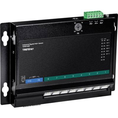 Průmyslový gigabitový PoE+ switch od TRENDnetu, model TPE-010TPS, s 10 porty. Pohled zepředu ukazuje připojovací možnosti.
