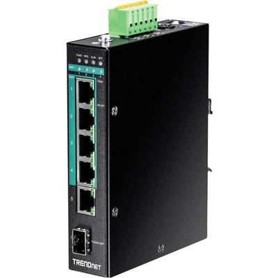 Černý síťový switch s několika ethernetovými porty na přední straně a zeleným svorkovnicovým konektorem nahoře pro napájení.