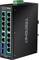 Černý, obdélníkový průmyslový gigabitový PoE+ switch TRENDnet se 12 ethernetovými porty, dvěma SFP sloty a zeleným konektorem nahoře.