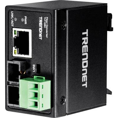 Průmyslový vláknový konvertor od společnosti TRENDnet s porty RJ-45 a optickým vláknem. Napájení přes zelený svorkovnicový konektor.