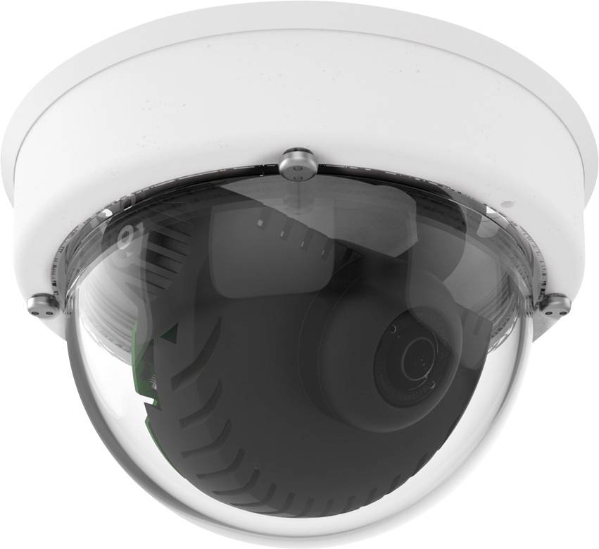 Bezpečnostní kamera namontovaná na stropě s průhledným krytem, vhodná pro zabezpečení a monitoring vnitřních prostor.