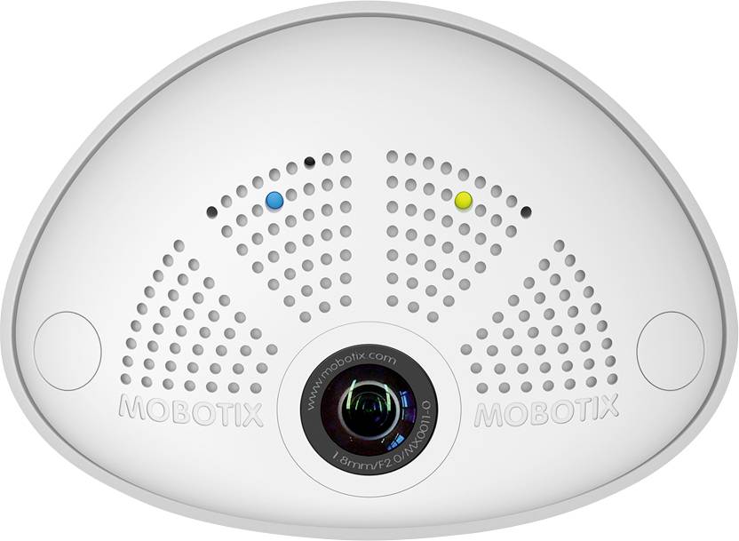 Malá polokulová bezpečnostní kamera od společnosti Mobotix s širokoúhlým objektivem, dvěma barevnými LED diodami a firemním logem na přední straně.