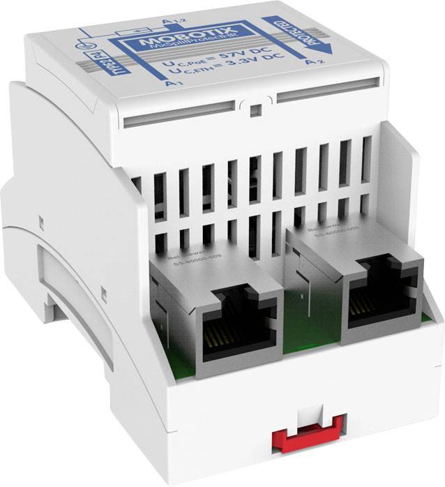 Elektronické zařízení se dvěma ethernetovými porty, vhodné pro síťové instalace; značka a informace o modelu viditelné nahoře.