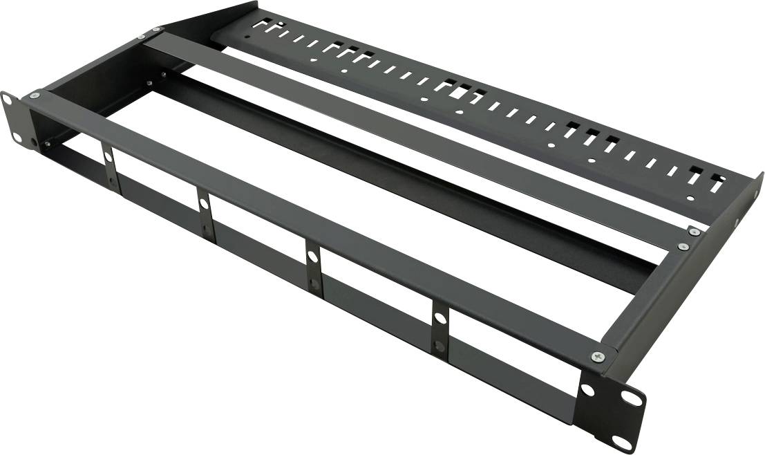 Kovový držák pro serverové racky, černý, obdélníkový tvar, s několika upevňovacími body po stranách.