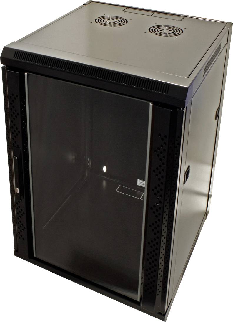 Černá síťová skříň se skleněnými dveřmi, ideální pro uchovávání serverů nebo síťových zařízení, vybavená větracími otvory.