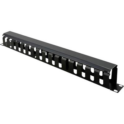 Černý panel pro správu kabeláže s několika otvory pro uspořádání a upevnění kabelů v serverové skříni.