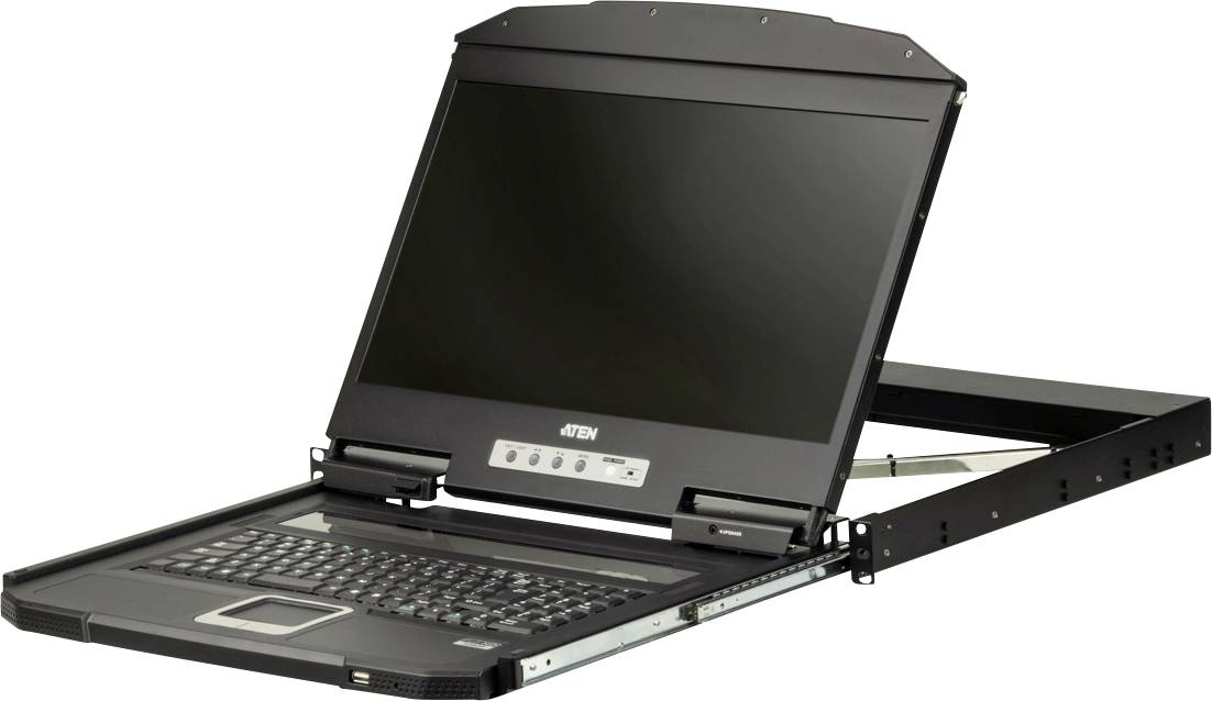 Výsuvný KVM přepínač s vyklopeným monitorem a klávesnicí, vhodný pro instalaci do serverové racku.