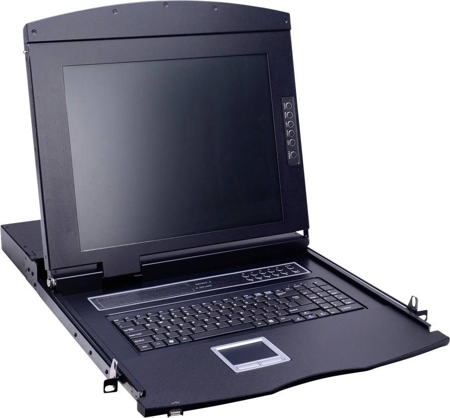 Výsuvný KVM přepínač s integrovaným monitorem a klávesnicí pro správu několika počítačů v serverovně.