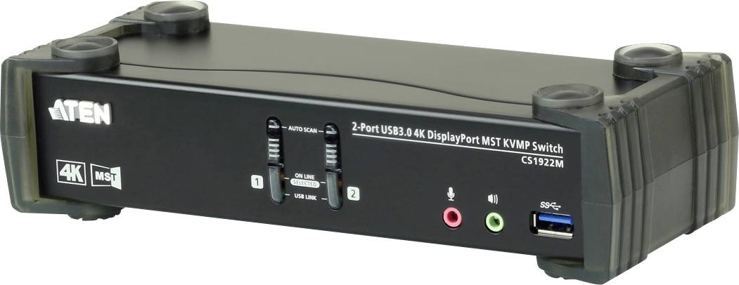 Přepínač KVM značky ATEN s 2 porty, USB a DisplayPort v rozlišení 4K. Disponuje konektory pro audio a USB a umožňuje ovládání dvou počítačů.