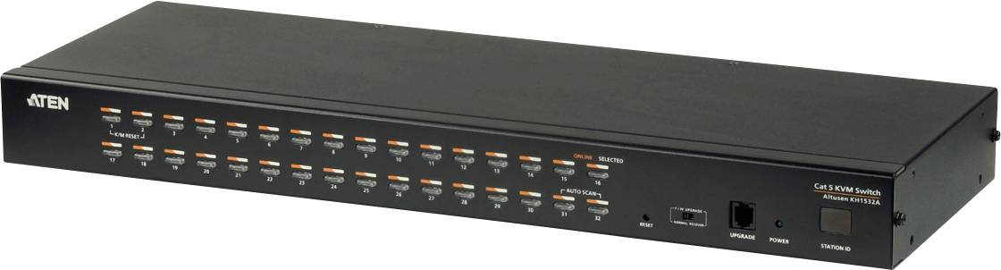 16portový KVM přepínač od společnosti ATEN. Přední strana zobrazuje 16 oranžově označených portů pro připojení počítačů.