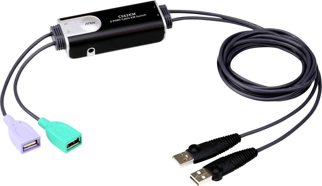 2-portový USB KVM přepínač s fialovým a zeleným USB konektorem na levé straně a dvěma černými USB zástrčkami na straně pravé.
