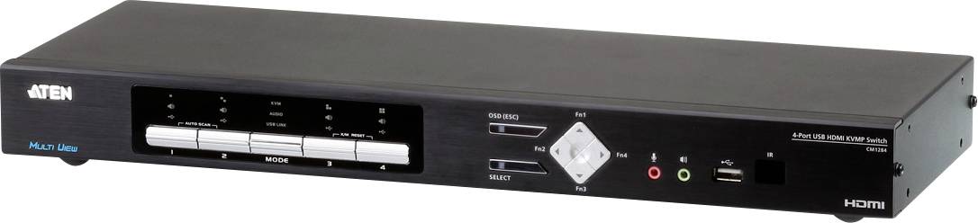 Černý HDMI přepínač od společnosti ATEN s několika vstupy a výstupy na přední straně, včetně ovládacích tlačítek.