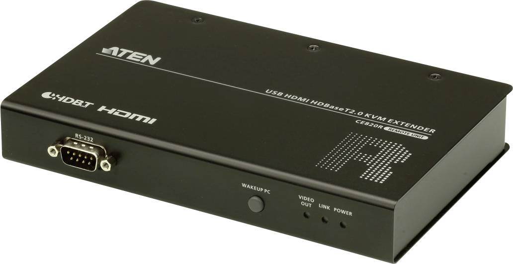 ATEN USB-HDMI-extender, HDBaseT 2.0, KVM, černé zařízení s RS-232 rozhraním a kontrolkou.
