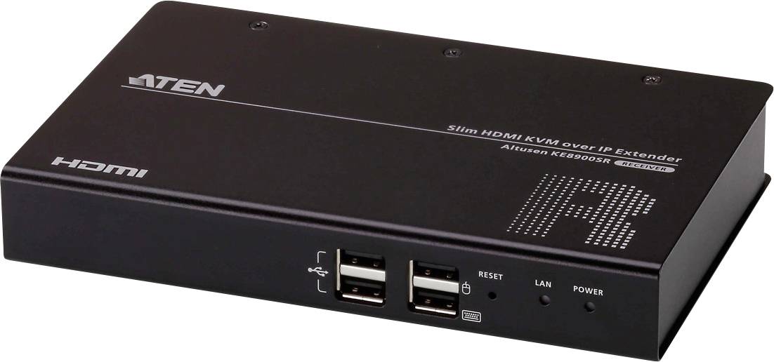 Černý HDMI KVM extender přes IP s porty pro USB, LAN a napájení. Název značky a model na horní straně zařízení.