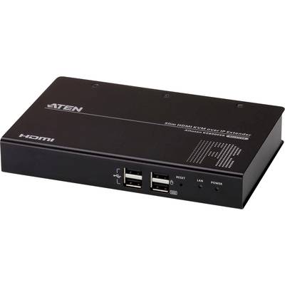 Černý HDMI KVM extender přes IP s porty pro USB, LAN a napájení. Název značky a model na horní straně zařízení.