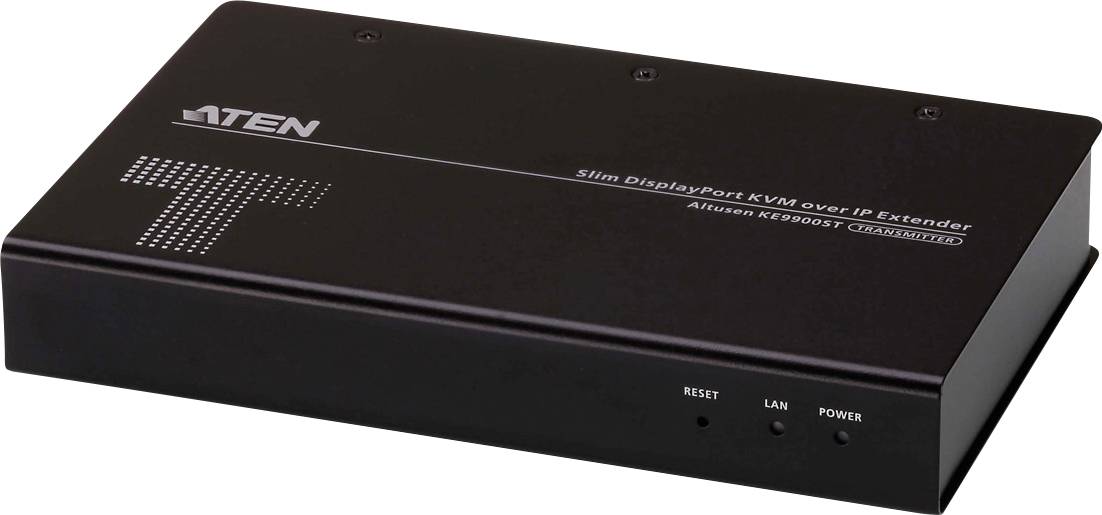 Černé elektronické zařízení s nápisem 'Slim DisplayPort KVM over IP Extender'. Na přední straně jsou LED kontrolky Reset, LAN a napájení.