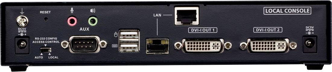 Zadní strana elektronického zařízení s různými konektory: resetovací tlačítko, audio vstupy, LAN, USB, DVI a sériové rozhraní.