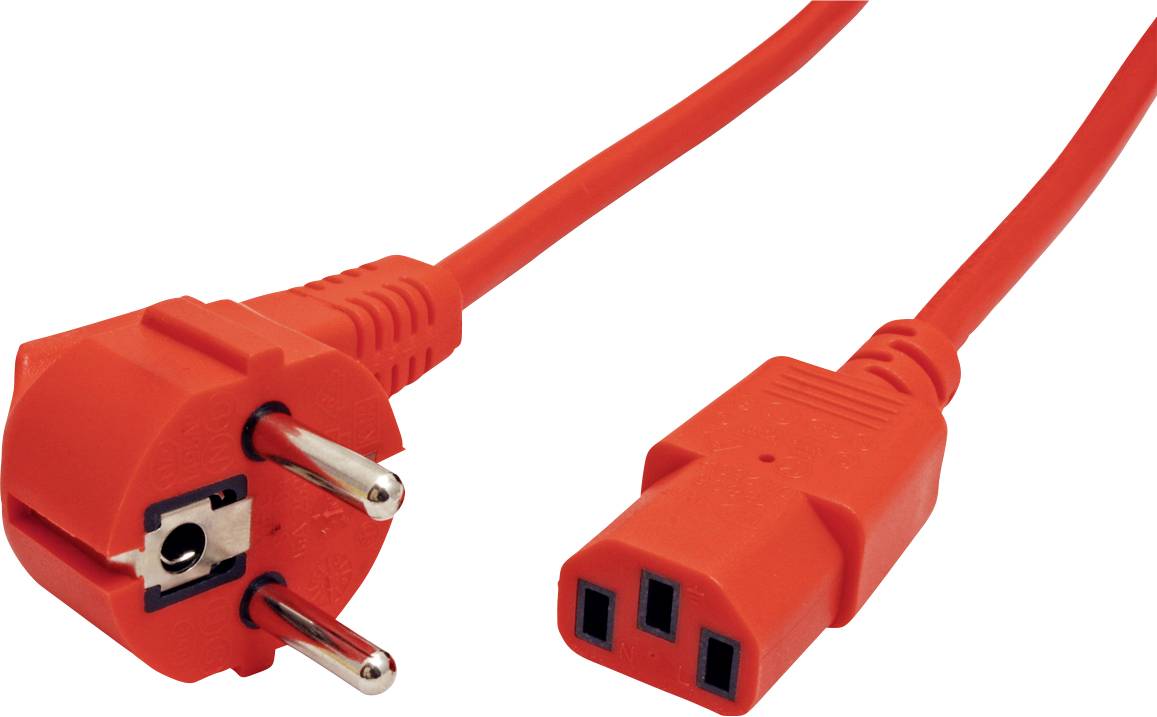 Červený síťový kabel se Schuko zástrčkou a IEC C13 zásuvkou, běžně používaný pro počítače a elektrické přístroje.