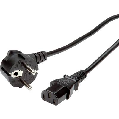 Černý síťový prodlužovací kabel se zásuvkou Schuko na levé straně a zásuvkou IEC-320-C13 na straně pravé.