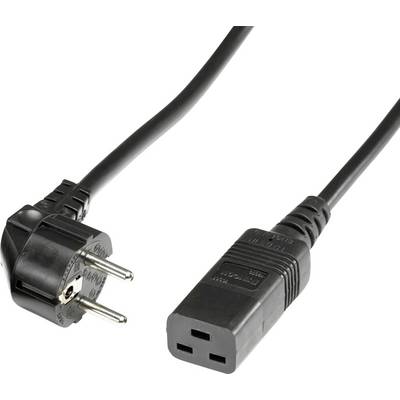 Černý síťový kabel se Schuko zástrčkou na jedné straně a obdélníkovým konektorem C13 na straně druhé.