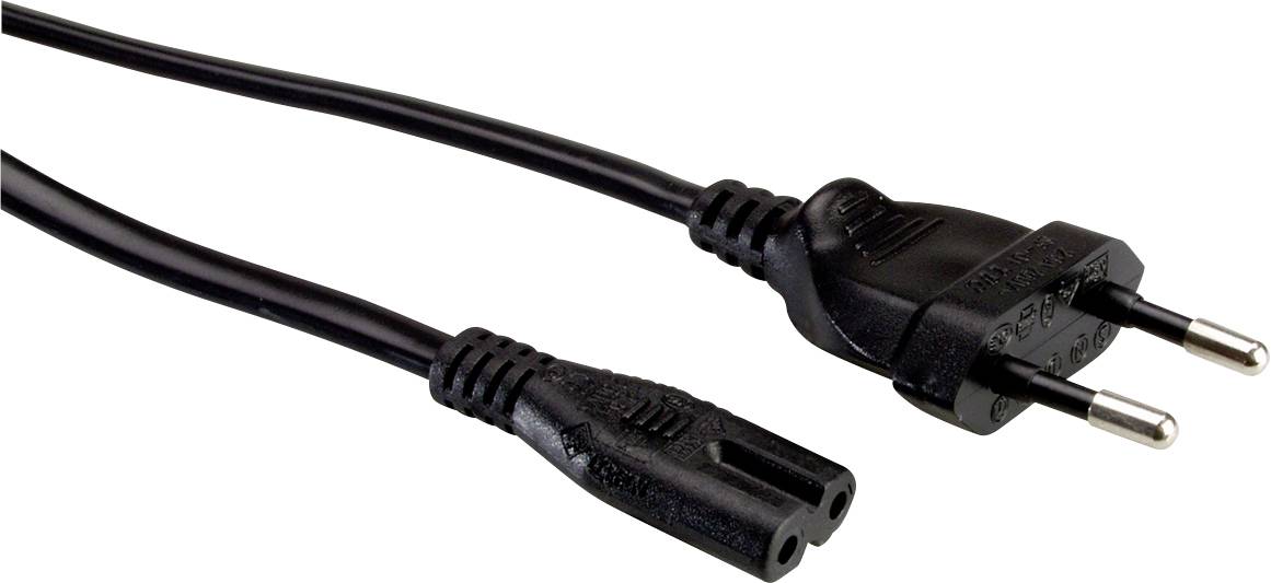 Černý eurovodič se dvoupólovým zástrčkovým konektorem a IEC-C7 připojením, běžně používaný pro elektrické spotřebiče a nabíječe.